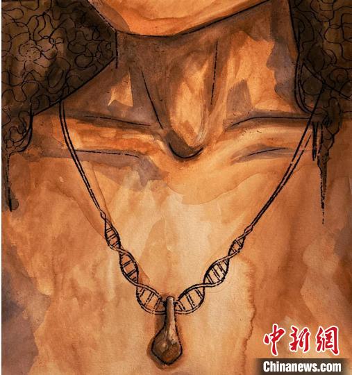 墜飾藝術(shù)再現(xiàn)圖，圖中吊墜繩為DNA螺旋樣式(圖片作者Myrthe Lucas)?！∈┢樟指瘛ぷ匀?供圖