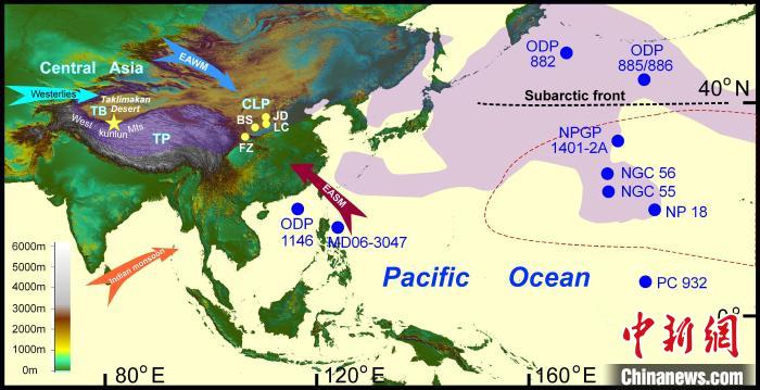塔里木沙塵傳輸至北太平洋的路徑(陰影區(qū))及西昆侖山黃土巖芯位置(五角星)?！≈锌圃呵嗖馗咴?供圖