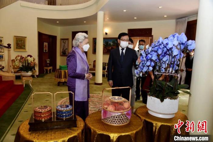 王文天大使介紹中國傳統(tǒng)工藝品及云南的蘭花和鮮果?！≈袊v柬埔寨大使館微信公眾號 攝