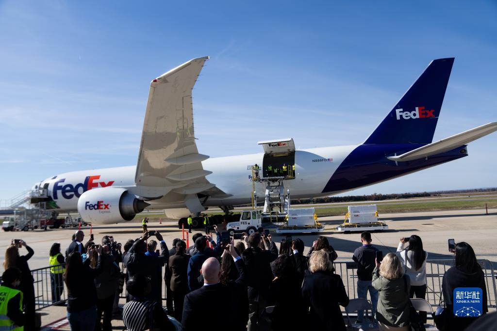 11月8日，在美國弗吉尼亞州的華盛頓杜勒斯國際機場，裝有大熊貓的特制“旅行包廂”準備運上專機。新華社記者劉杰攝