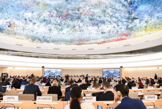 這是1月23日在瑞士日內(nèi)瓦拍攝的聯(lián)合國(guó)人權(quán)理事會(huì)第四輪國(guó)別人權(quán)審議現(xiàn)場(chǎng)。新華社記者連漪攝