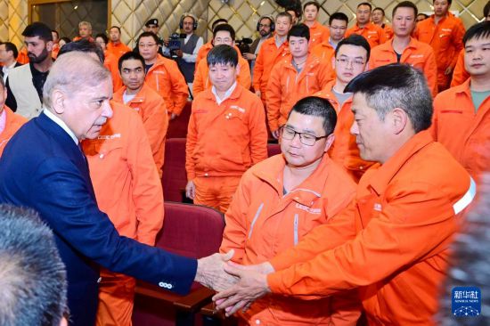 4月1日，在巴基斯坦西北部開伯爾-普什圖省達(dá)蘇，巴基斯坦總理夏巴茲（左）同達(dá)蘇水電站項(xiàng)目中方員工握手。新華社發(fā)（巴基斯坦新聞與廣播部下轄媒體信息部門供圖）