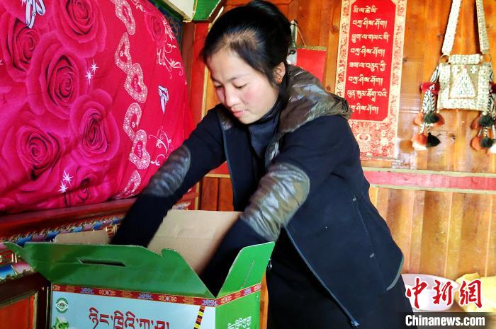 圖為通麥村村民巴桑拉姆把精心挑選的蘋果裝箱?！∝暽＠?攝