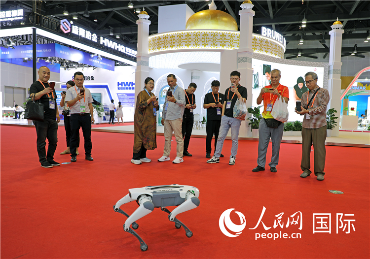 東博會(huì)上，觀眾正在參觀一只機(jī)器狗。綠色能源、新能源汽車、綠色農(nóng)產(chǎn)品等成為本屆東博會(huì)觀眾關(guān)注的焦點(diǎn)。人民網(wǎng)記者 趙益普攝