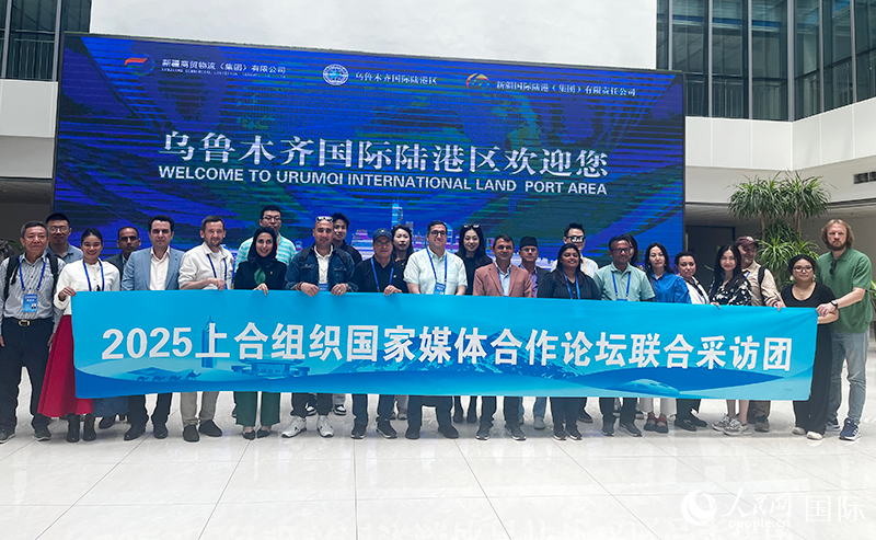 5月26日，外國媒體人在烏魯木齊國際陸港區(qū)合影留念。 人民網(wǎng)記者 翟轉(zhuǎn)麗攝