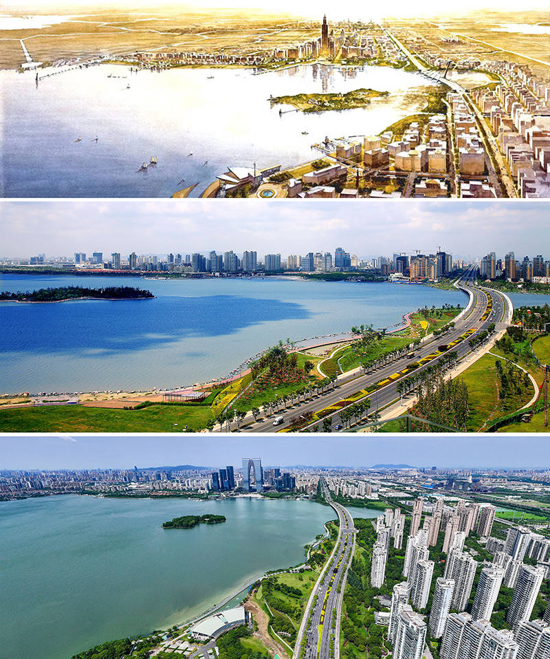 拼版照片：上圖為1994年繪制的蘇州工業(yè)園區(qū)手繪規(guī)劃圖；中圖為2007年拍攝的蘇州工業(yè)園區(qū)；下圖為2023年7月4日用無人機拍攝的蘇州工業(yè)園區(qū)。