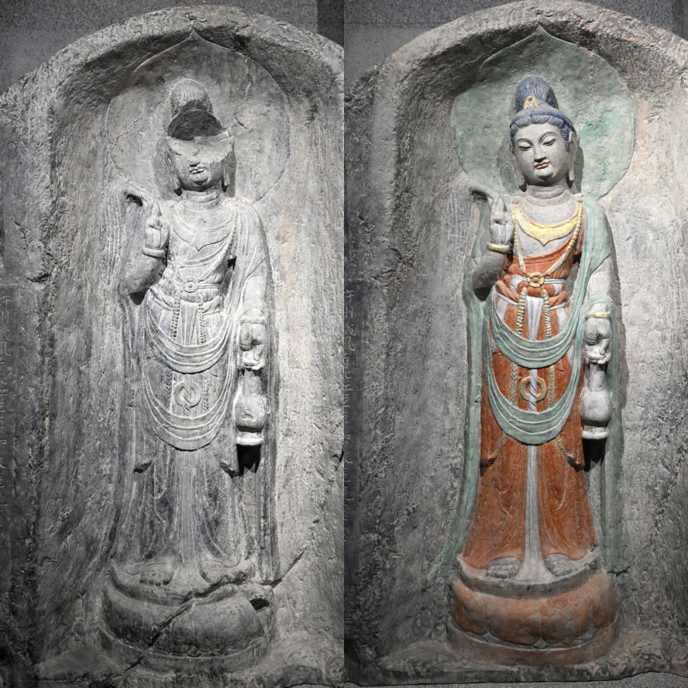 左圖為龍門石窟萬佛洞窟前南壁菩薩造像的3D打印模型；右圖為利用數(shù)字化技術(shù)復(fù)原后的3D打印模型（2025年4月10日攝，拼版照片）。復(fù)原后的像龕精妙絕倫，栩栩如生，被游客譽(yù)為“龍門最美菩薩”。圖片來源新華社