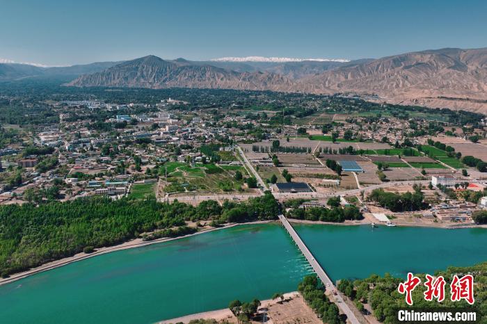 航拍青海貴德黃河岸畔綠意濃濃。　趙凜松 攝