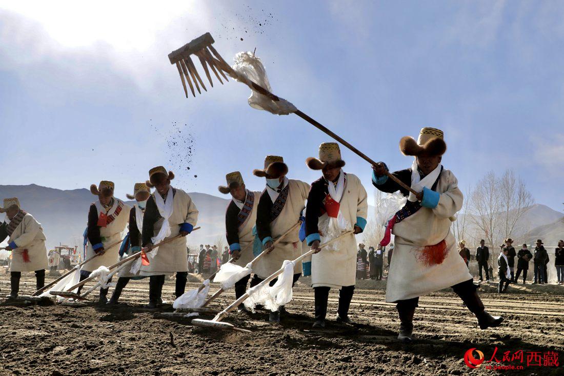 當(dāng)?shù)卮迕裆碇?jié)日盛裝，舉行春耕儀式。人民網(wǎng) 次仁羅布攝